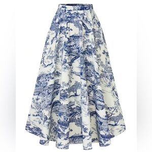 NEW| Women’s Chic Plus Size Vintage Printed Blue and White Scenic Midi Skirt